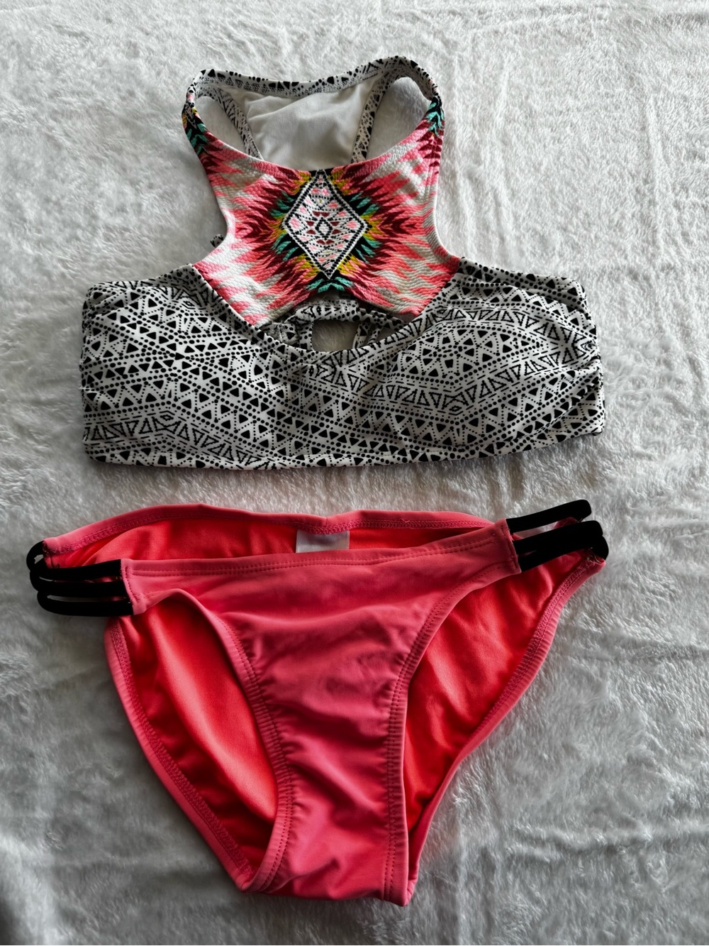Xhilaration Neon Pink & Black Aztec High-Neck Bikini Set